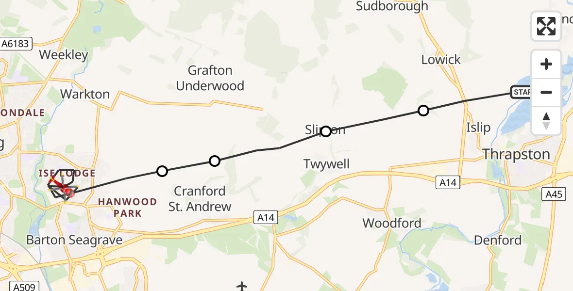 Flight route Air Ambulance Helicopter Islip - Kettering, 05 June 2026, 11:19
