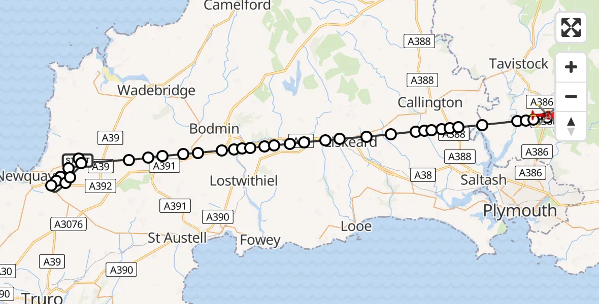 Flight route Air Ambulance Helicopter Cornwall Airport Newquay - Yelverton, 05 June 2026, 11:22