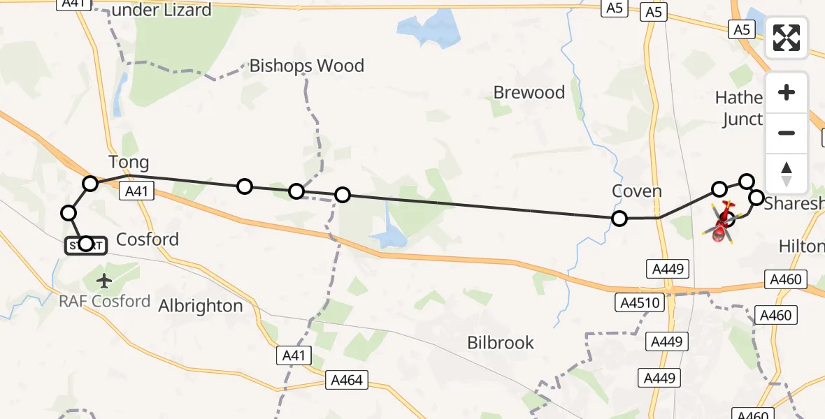 Flight route Air Ambulance Helicopter RAF Cosford - Featherstone, 05 June 2026, 11:23