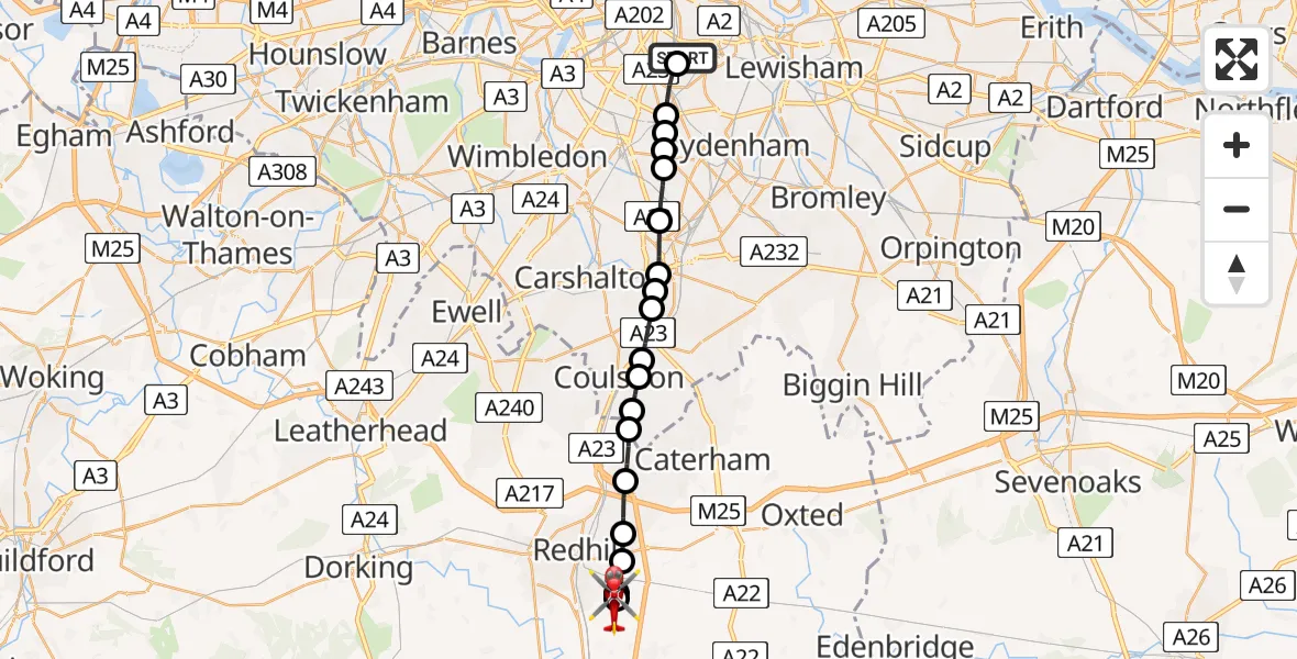 Flight route Air Ambulance Helicopter Kings College London Hospital - Redhill Aerodrome, 05 June 2026, 11:25