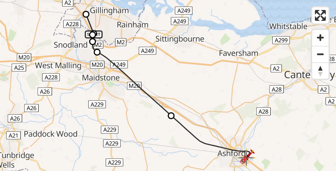 Flight route Air Ambulance Helicopter Rochester Airport - Ashford, 05 June 2026, 11:25