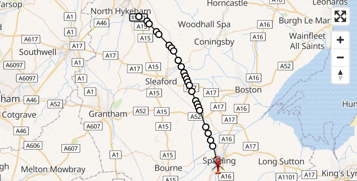 Flight route Air Ambulance Helicopter RAF Waddington - Spalding, 05 June 2026, 11:27