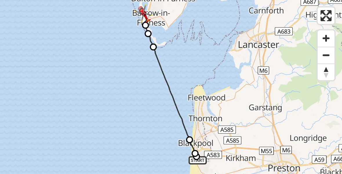 Flight route Air Ambulance Helicopter Blackpool Airport - Barrow Walney Island Airport, 05 June 2026, 11:29