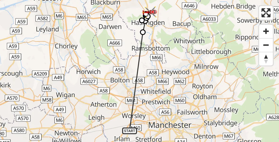 Flight route Air Ambulance Helicopter Manchester Barton Aerodrome - Rising Bridge, 05 June 2026, 11:37