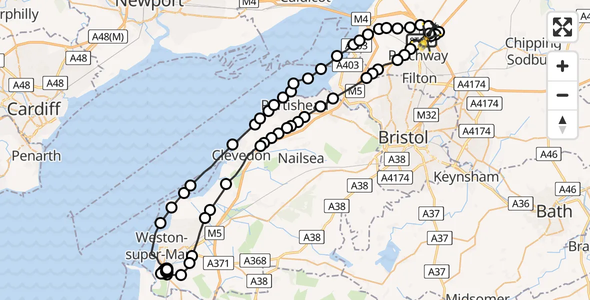 Flight route Police Helicopter Bristol - Almondsbury Helicopter Base, 05 June 2026, 11:45