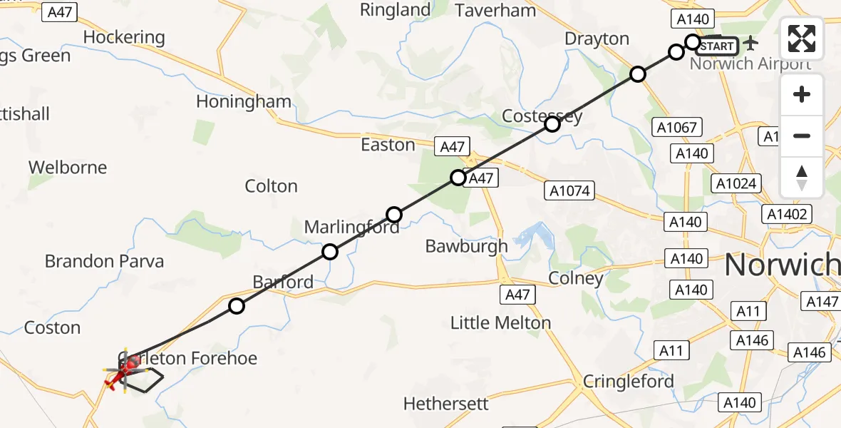 Flight route Air Ambulance Helicopter Norwich Airport - Kimberley, 05 June 2026, 11:54