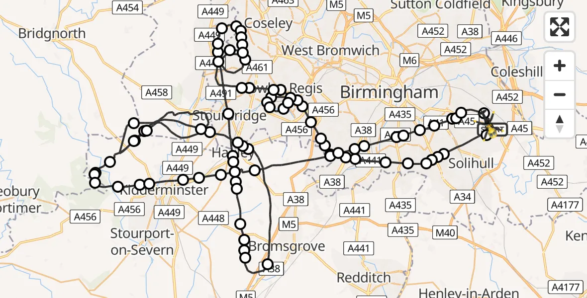 Flight route Police Helicopter Birmingham Airport - Solihull, 05 June 2026, 12:05