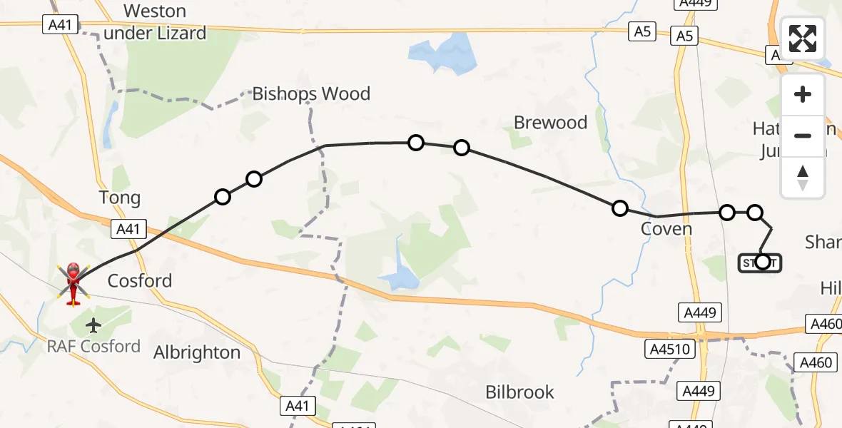 Flight route Air Ambulance Helicopter Featherstone - Tong, 05 June 2026, 12:08
