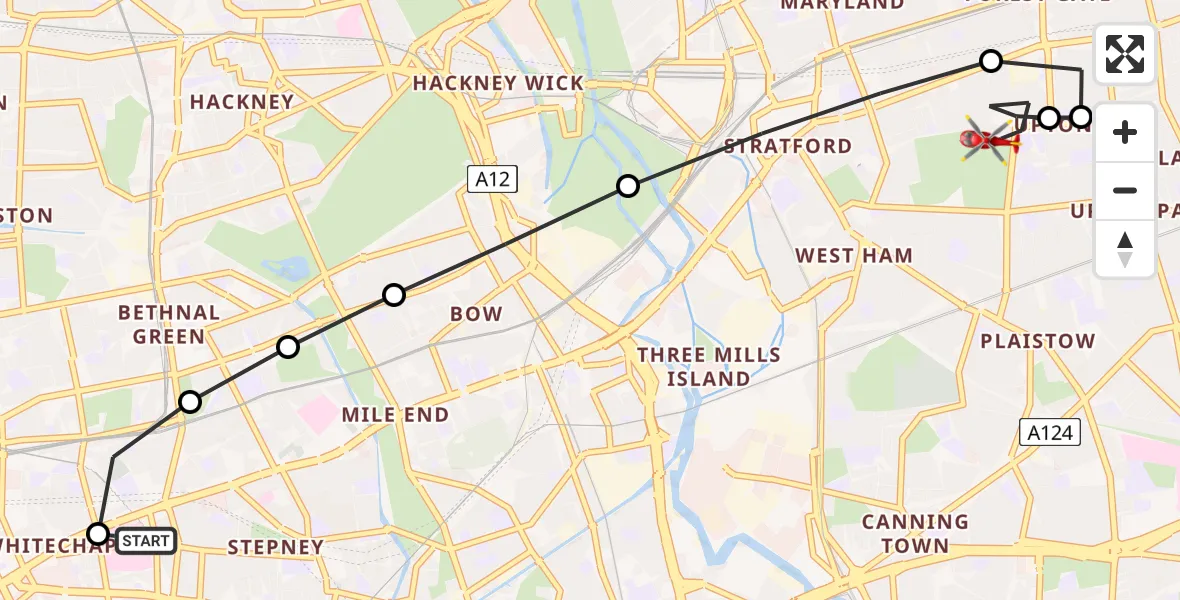 Flight route Air Ambulance Helicopter Royal London Hospital - Stratford, 05 June 2026, 12:14