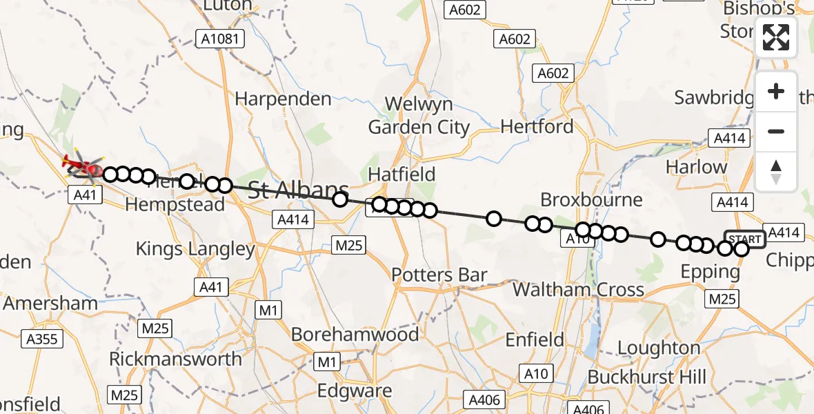 Flight route Air Ambulance Helicopter North Weald Airfield - Berkhamsted, 05 June 2026, 12:26
