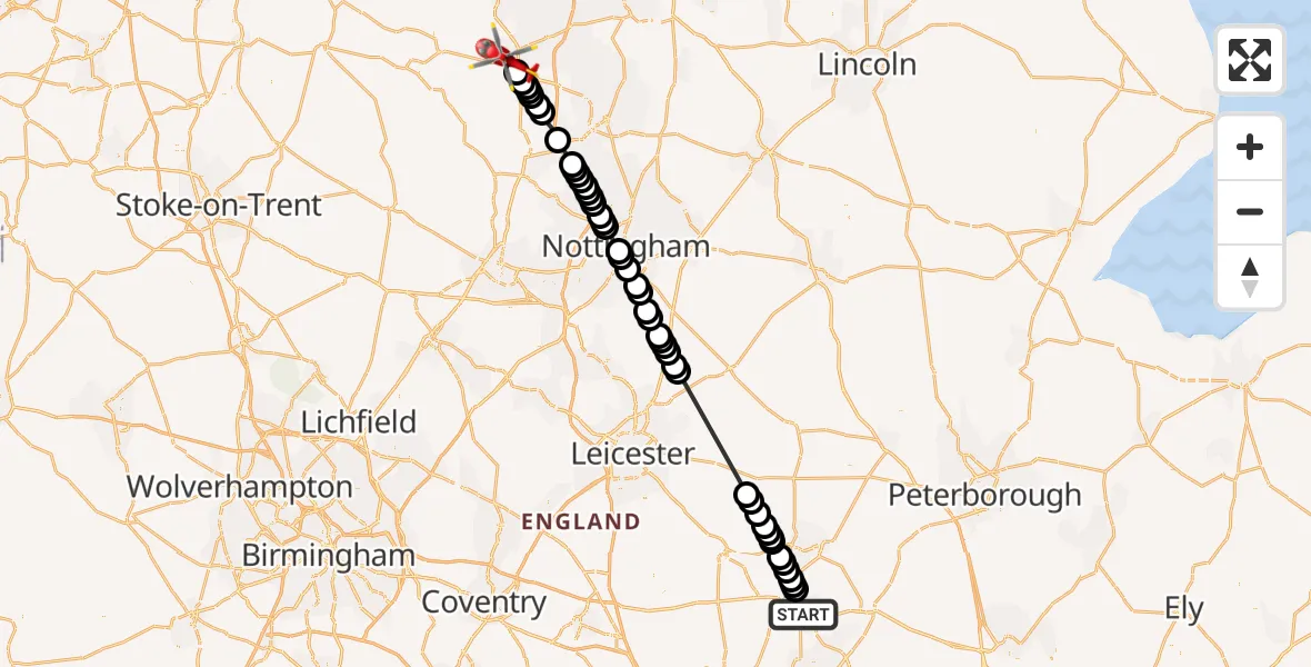 Flight route Air Ambulance Helicopter Kettering - Chesterfield, 05 June 2026, 12:38