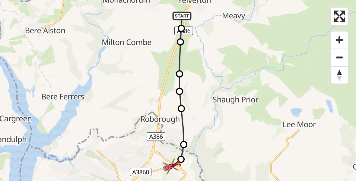 Flight route Air Ambulance Helicopter Yelverton - Estover, 05 June 2026, 12:41