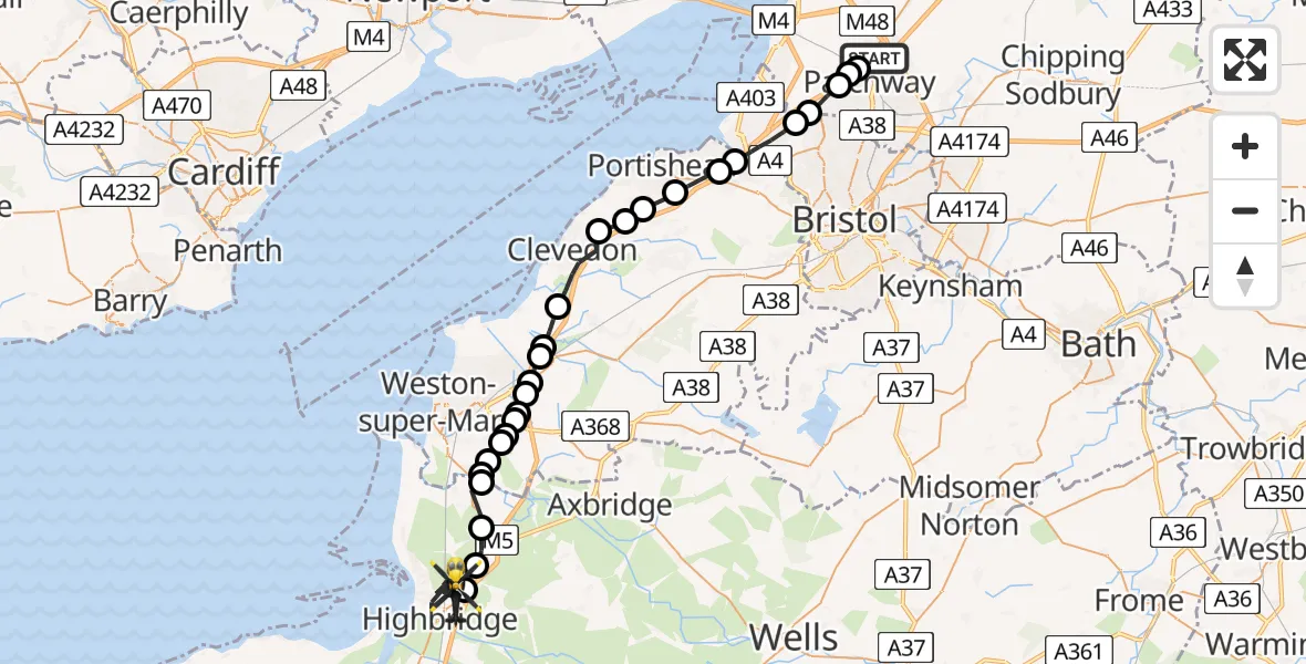 Flight route Police Helicopter Almondsbury - Highbridge, 05 June 2026, 12:49