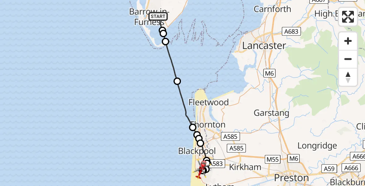 Flight route Air Ambulance Helicopter Barrow-in-Furness - Blackpool Airport, 05 June 2026, 12:53