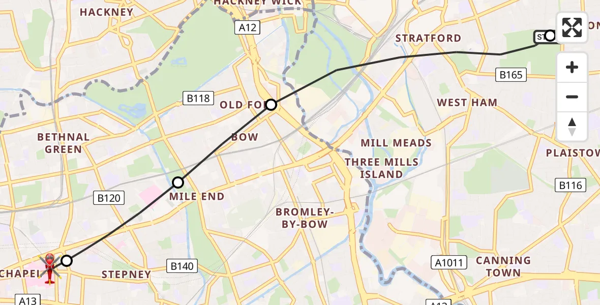 Flight route Air Ambulance Helicopter Upton - Royal London Hospital, 05 June 2026, 12:56
