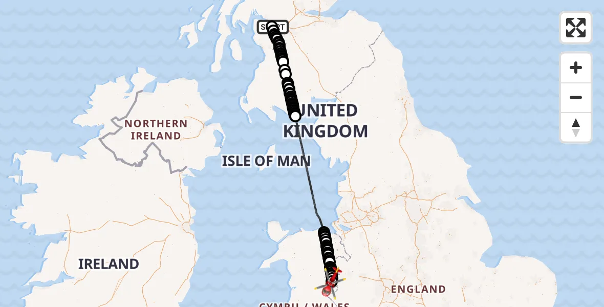 Flight route Air Ambulance Helicopter Glasgow Airport - Welshpool Airport, 05 June 2026, 13:05