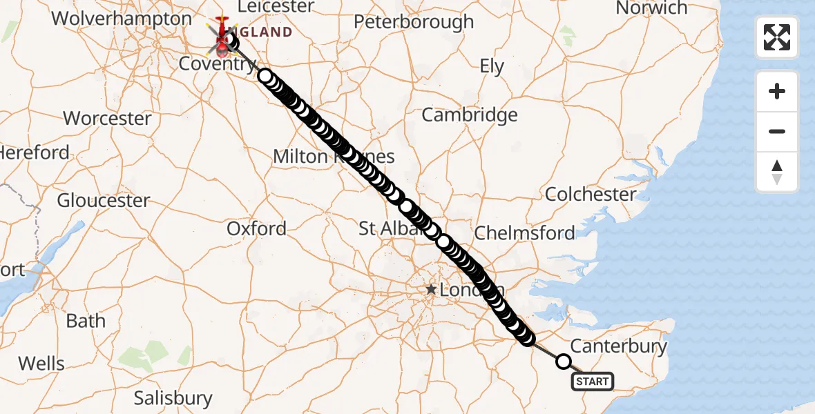 Flight route Air Ambulance Helicopter Ashford - Nuneaton, 05 June 2026, 13:07