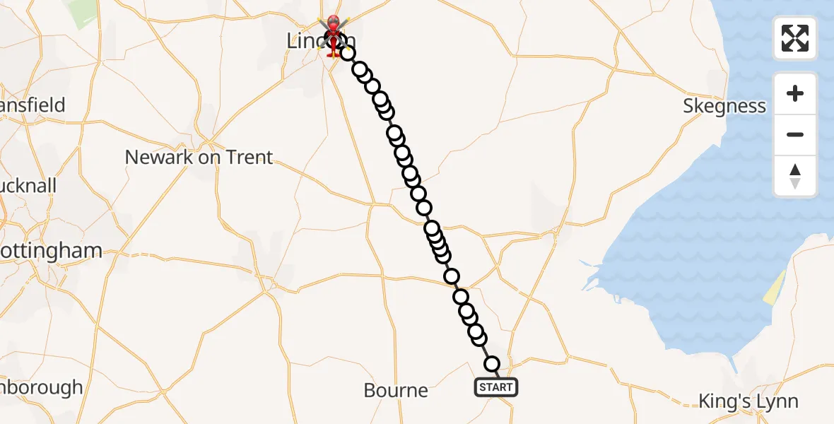 Flight route Air Ambulance Helicopter Spalding - Lincoln, 05 June 2026, 13:07