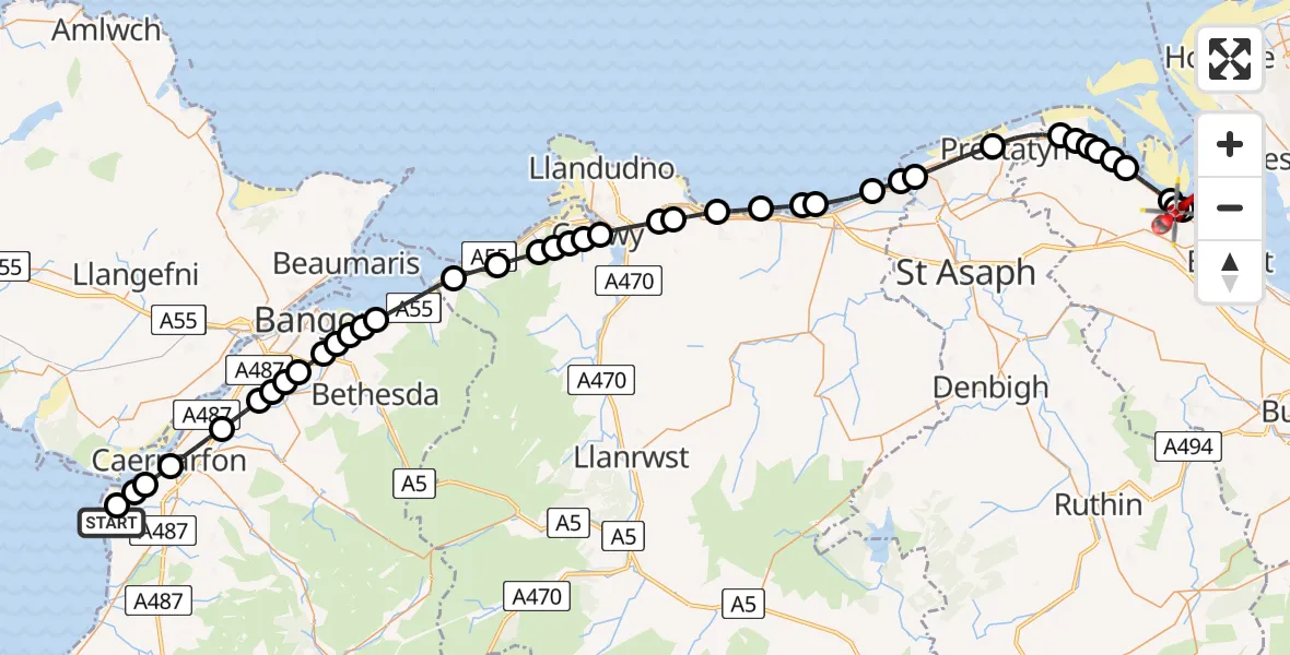 Flight route Air Ambulance Helicopter Caernarfon Airport - Greenfield, 05 June 2026, 13:09