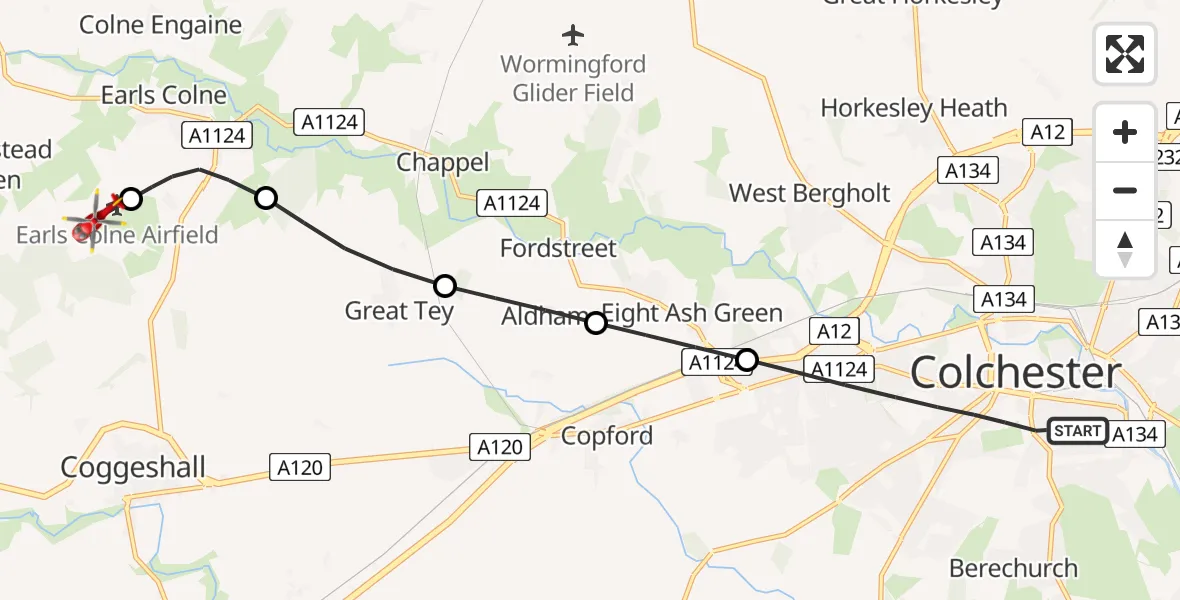 Flight route Air Ambulance Helicopter Colchester - Earls Colne Airfield, 05 June 2026, 13:11