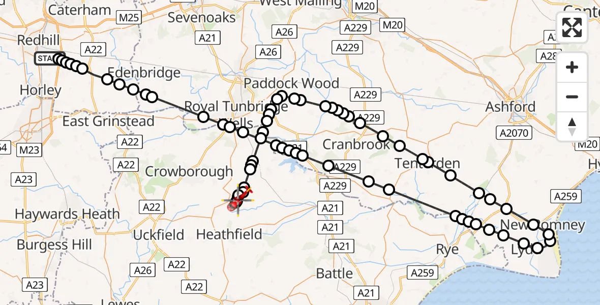 Flight route Air Ambulance Helicopter Redhill Aerodrome - Coggins Mill, 05 June 2026, 13:11