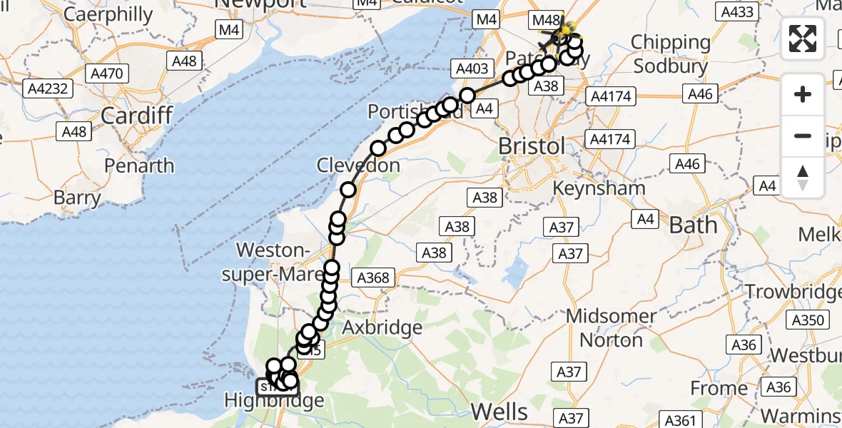 Flight route Police Helicopter Burnham-on-Sea - Almondsbury Helicopter Base, 05 June 2026, 13:11