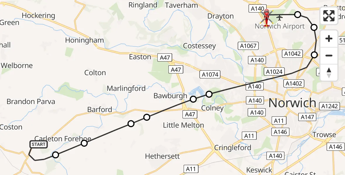 Flight route Air Ambulance Helicopter Kimberley - Norwich Airport, 05 June 2026, 13:21