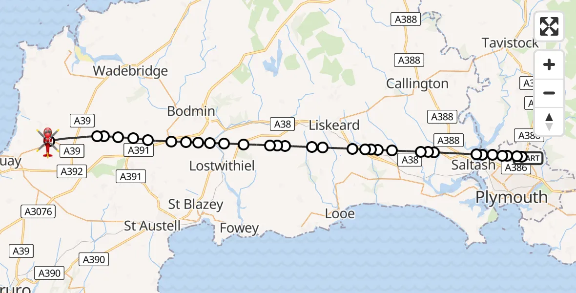 Flight route Air Ambulance Helicopter Derriford Hospital - Cornwall Airport Newquay, 05 June 2026, 13:28