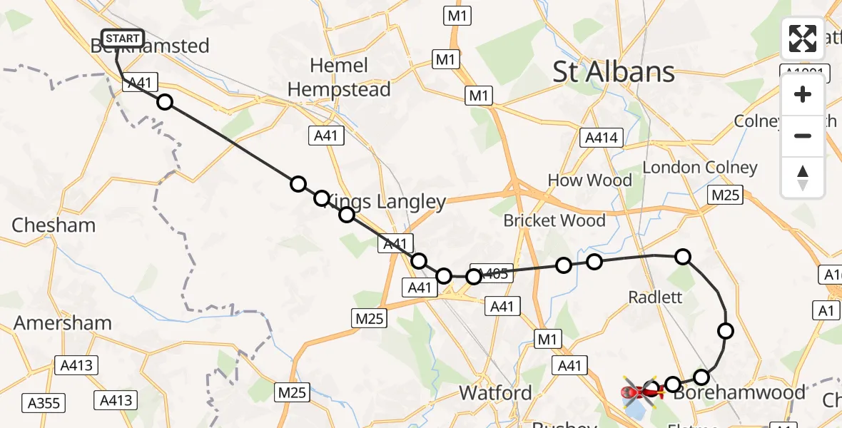 Flight route Air Ambulance Helicopter Berkhamsted - Elstree Airfield, 05 June 2026, 13:33