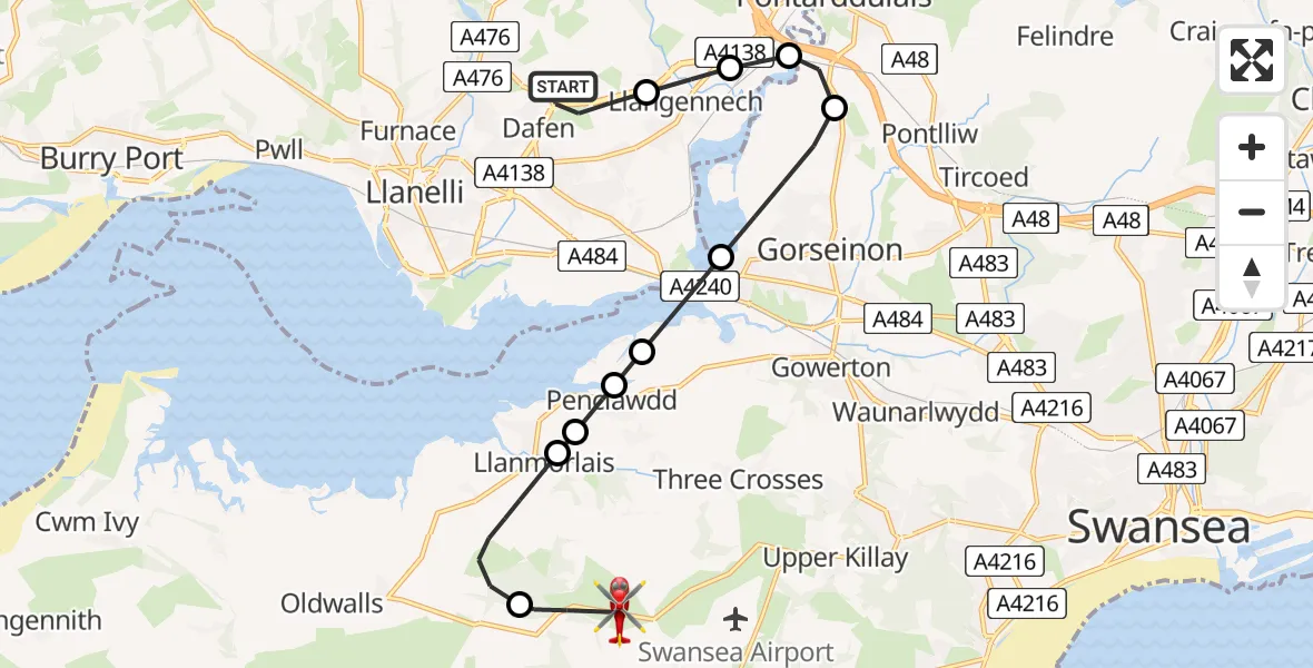 Flight route Air Ambulance Helicopter Dafen - Ilston, 05 June 2026, 13:46