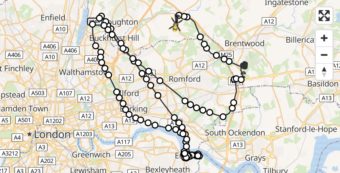 Flight route Police Helicopter Chingford - Epping Forest, 05 June 2026, 13:50
