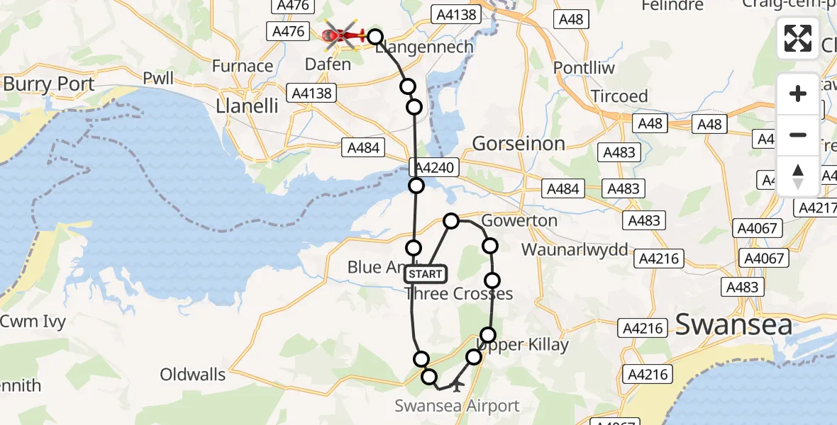 Flight route Air Ambulance Helicopter Blue Anchor - Dafen, 05 June 2026, 13:55
