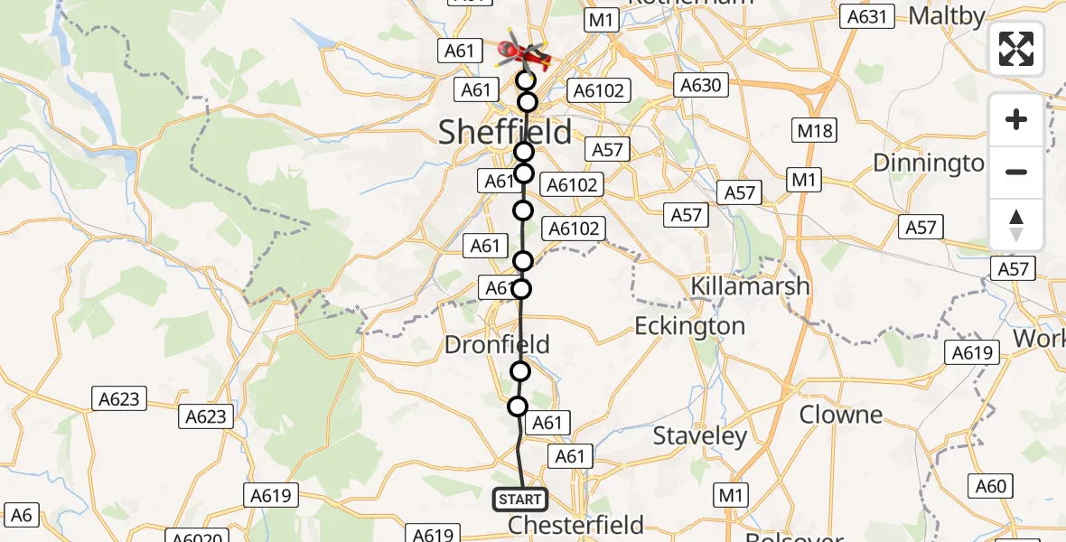 Flight route Air Ambulance Helicopter Chesterfield - Sheffield Northern Hospital, 05 June 2026, 13:56
