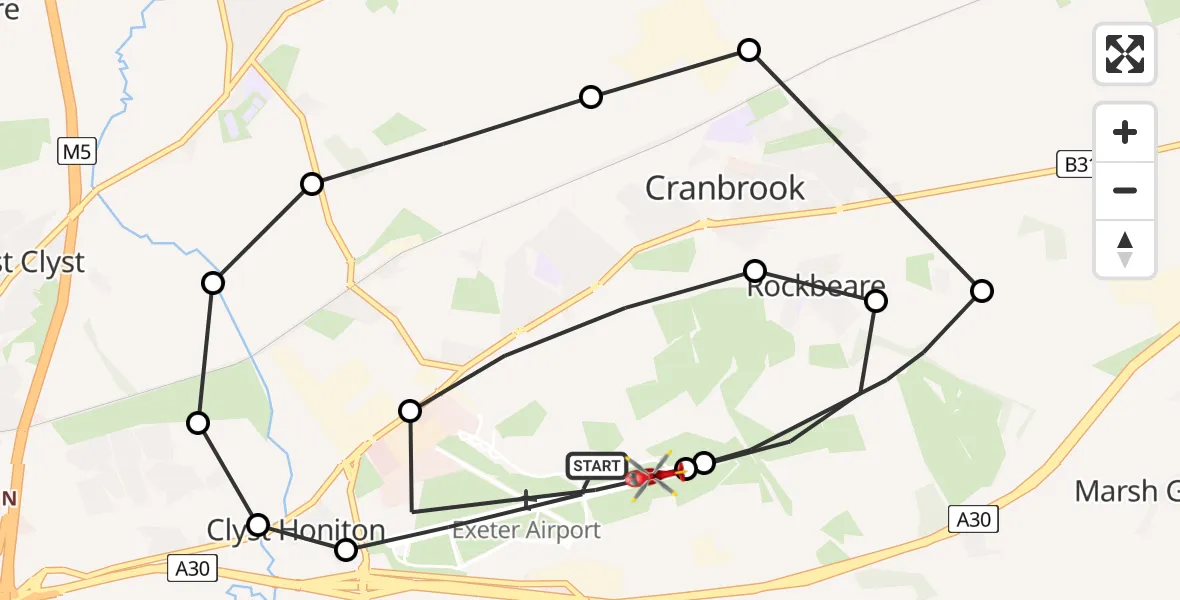 Flight route Air Ambulance Helicopter Exeter International Airport - Exeter International Airport, 05 June 2026, 13:59