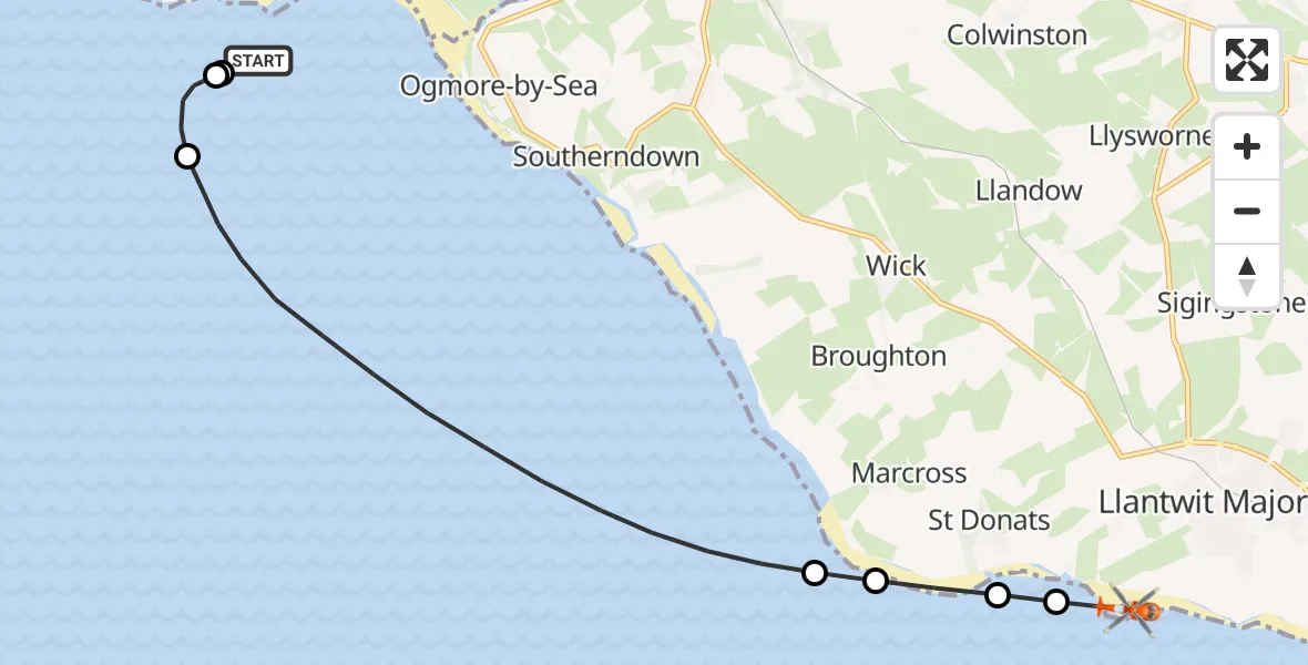 Flight route Coastguard Helicopter Newton - Llantwit Major, 05 June 2026, 14:02