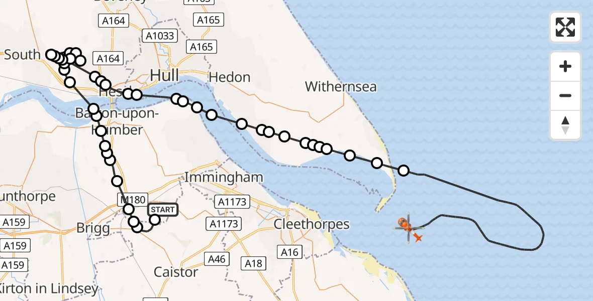 Flight route Coastguard Helicopter Humberside Airport - North Sea, 05 June 2026, 14:03