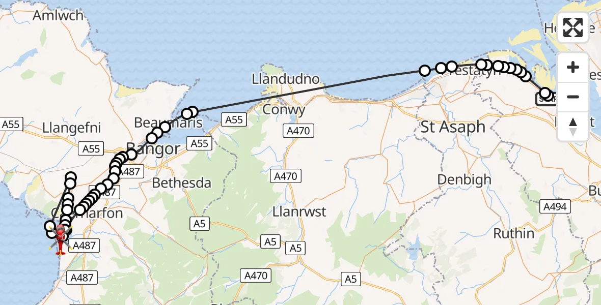 Flight route Air Ambulance Helicopter Greenfield - Caernarfon Airport, 05 June 2026, 14:10