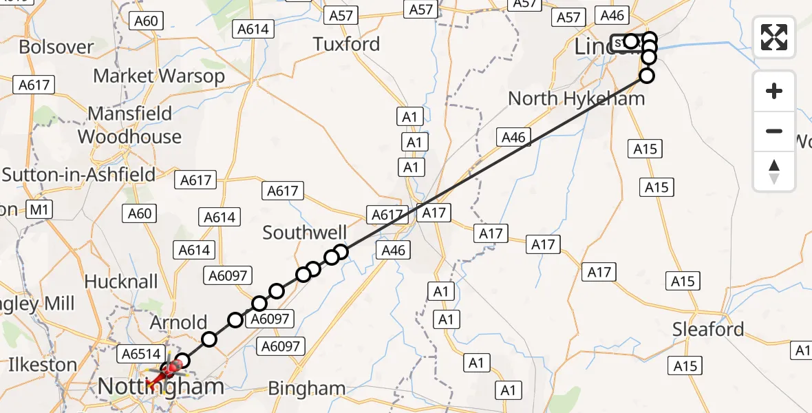 Flight route Air Ambulance Helicopter Lincoln County Trauma Unit - City of Nottingham, 05 June 2026, 14:13