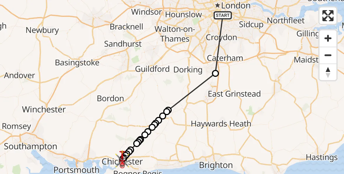 Flight route Air Ambulance Helicopter Kings College London Hospital - Chichester, 05 June 2026, 14:16