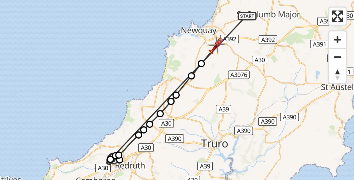 Flight route Air Ambulance Helicopter Cornwall Airport Newquay - Kestle Mill, 05 June 2026, 14:18
