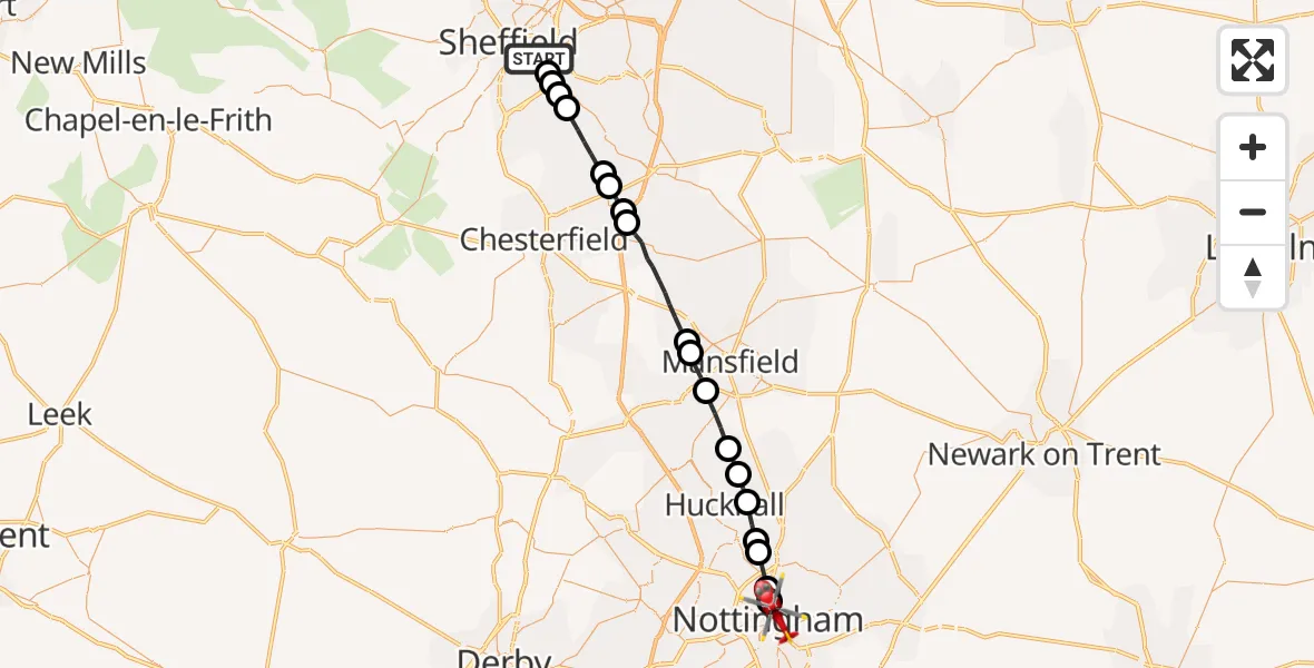 Flight route Air Ambulance Helicopter Wybourn - City of Nottingham, 05 June 2026, 14:27