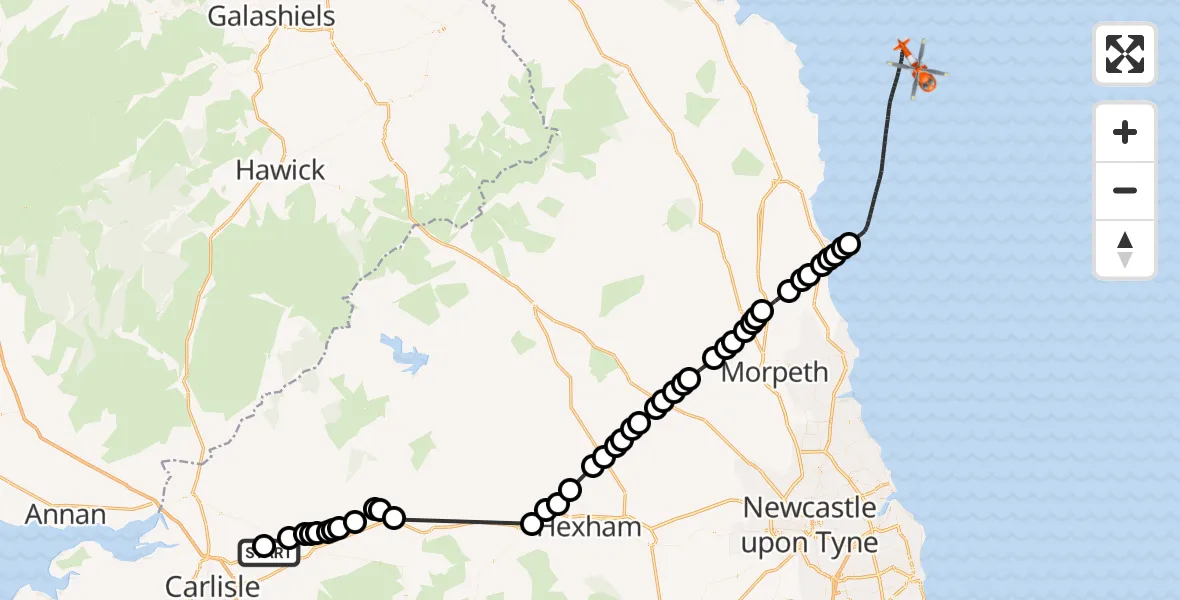 Flight route Coastguard Helicopter Carlisle Lake District Airport - North Sea, 05 June 2026, 14:31