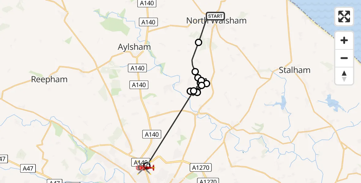 Flight route Air Ambulance Helicopter North Walsham - Norwich Airport, 05 June 2026, 14:31