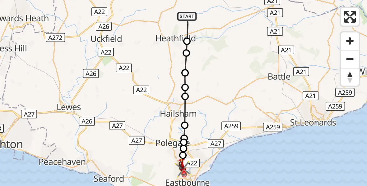 Flight route Air Ambulance Helicopter Broad Oak - Eastbourne, 05 June 2026, 14:45