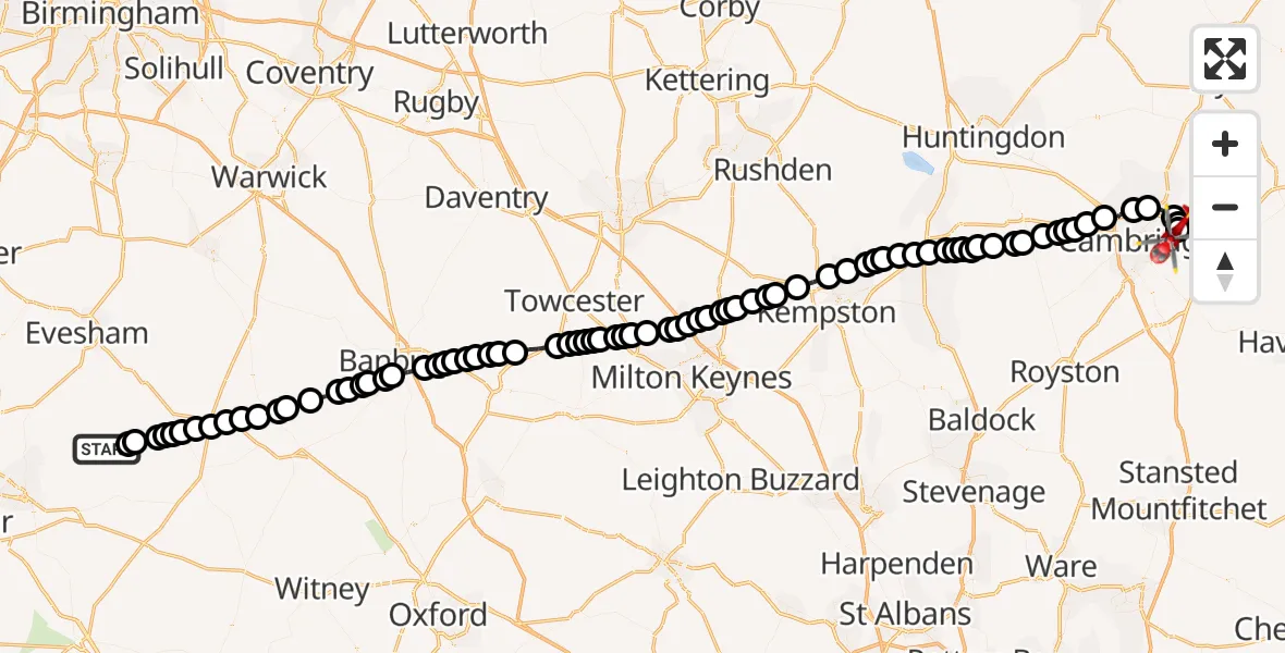 Flight route Air Ambulance Helicopter Cotswold - Fen Ditton, 05 June 2026, 14:45