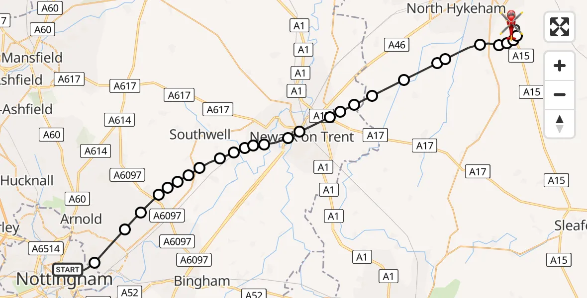 Flight route Air Ambulance Helicopter City of Nottingham - North Kesteven, 05 June 2026, 14:45
