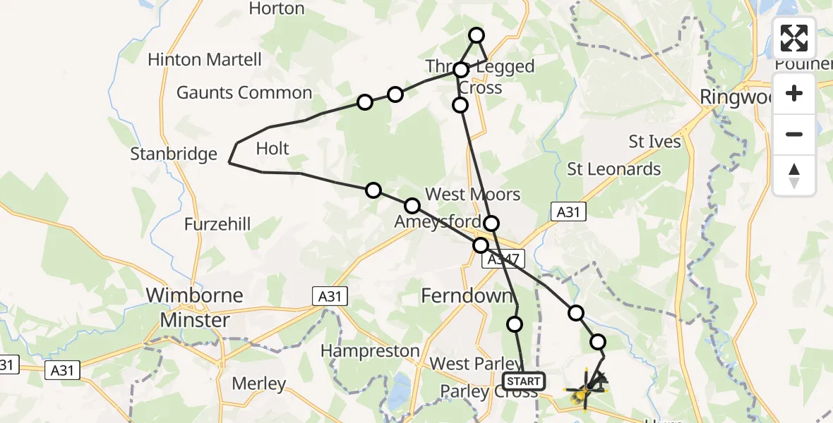 Flight route Police Helicopter Parley Cross - Bournemouth Airport, 05 June 2026, 14:51