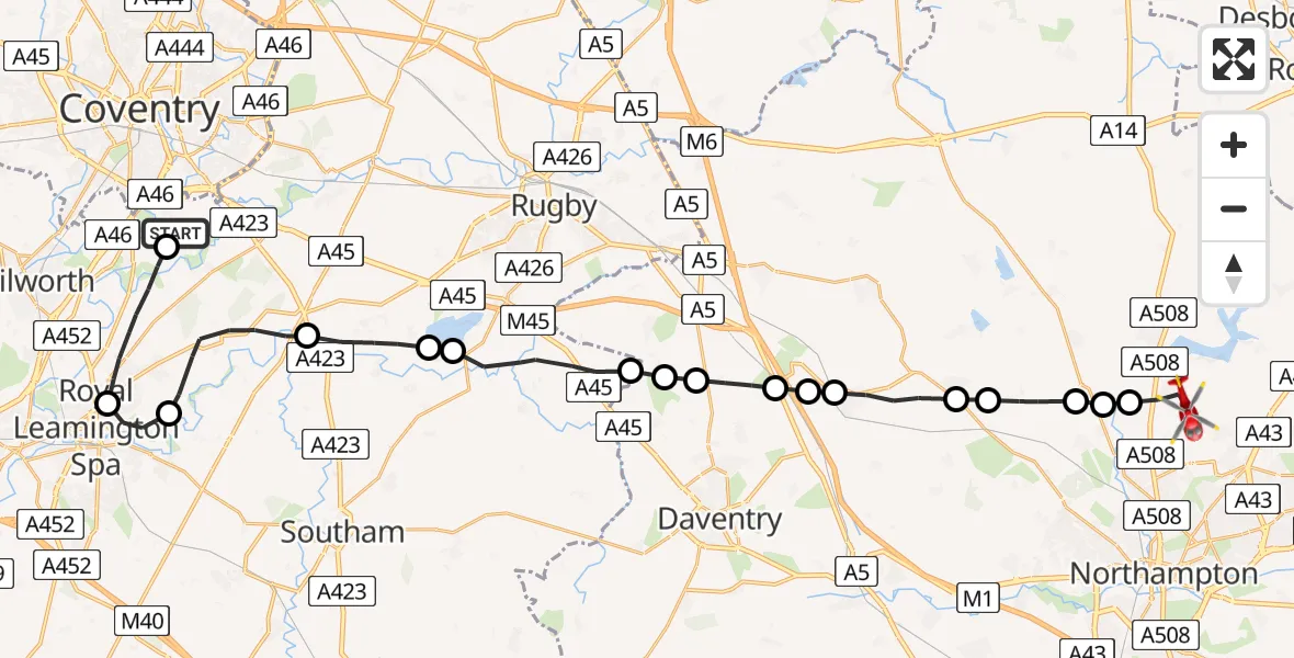 Flight route Air Ambulance Helicopter Coventry Airport - Pitsford, 05 June 2026, 14:52