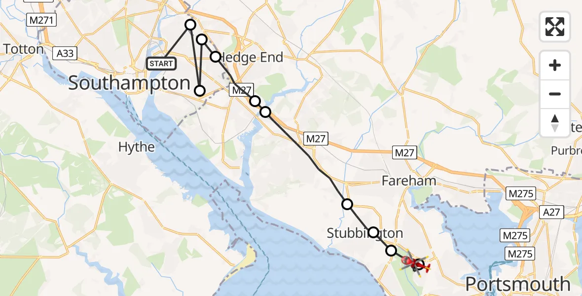 Flight route Air Ambulance Helicopter Bitterne Manor - Gosport, 05 June 2026, 14:58