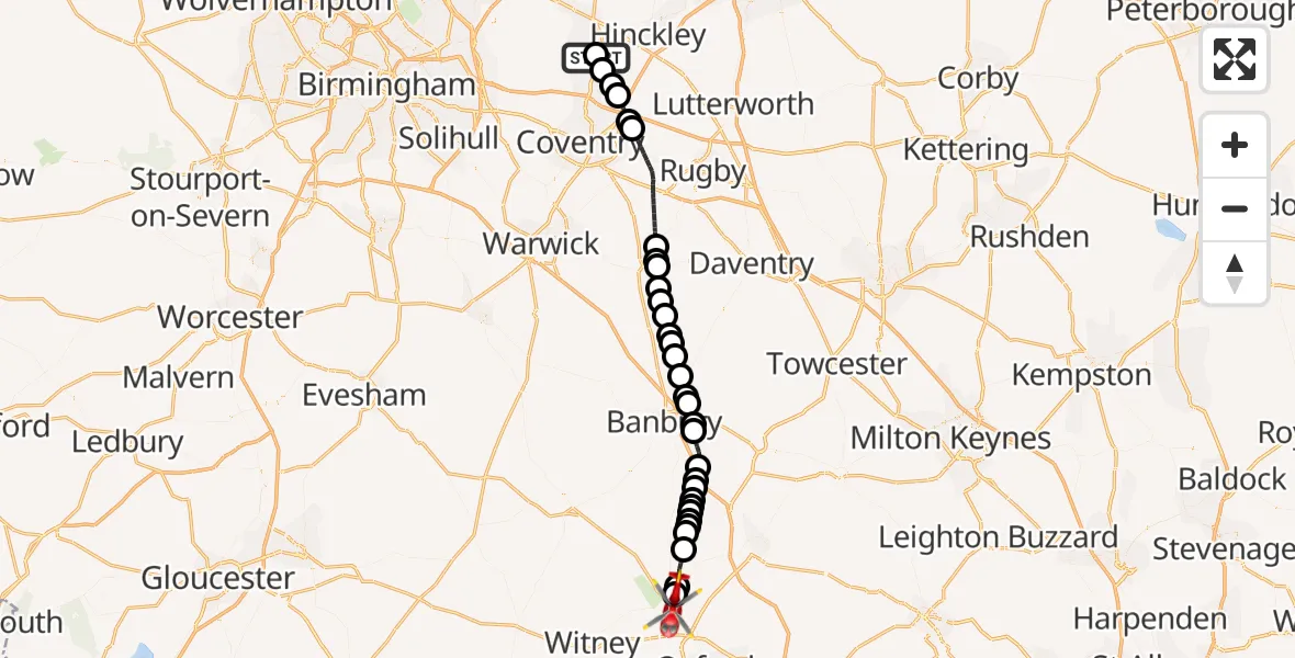 Flight route Air Ambulance Helicopter George Elliot Hospital - London Oxford Airport, 05 June 2026, 15:01